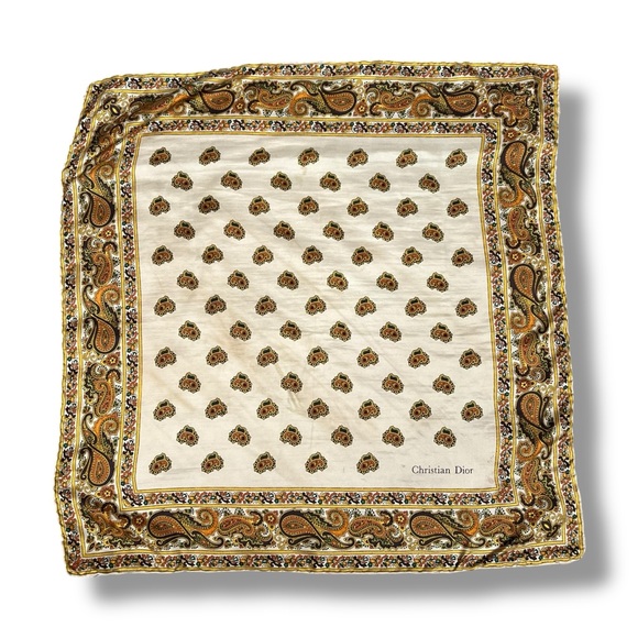 Vtg 90’s Christian Dior Silk Scarf Hand Rolled Made in Italy Brown Paisley 19" - Picture 1 of 4